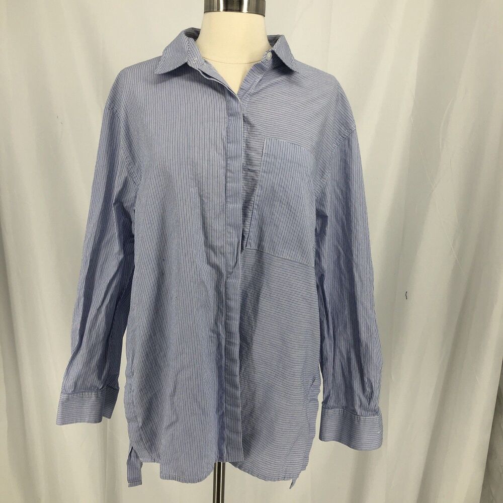 Donna Karan New York Stripe Button Up Blouse Tunic Shirt Large Blue